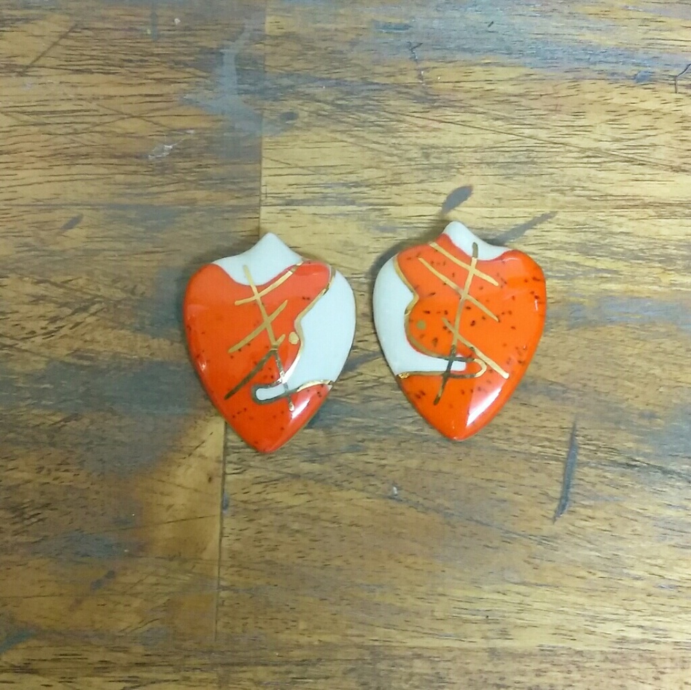 Orange, White and Gold Ceramic Earrings.